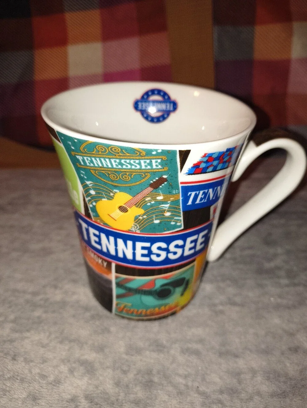 Tennessee Souvenir Mug with Guitar Graphics - Blue & Yellow Accents